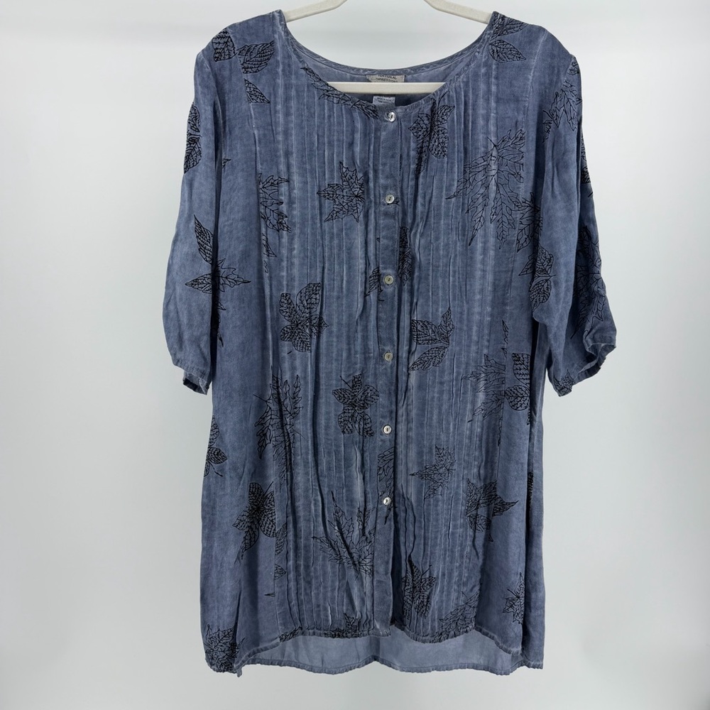 Natural Impressions Blue Leaf Print Button-Down Tunic Blouse, Women's XL